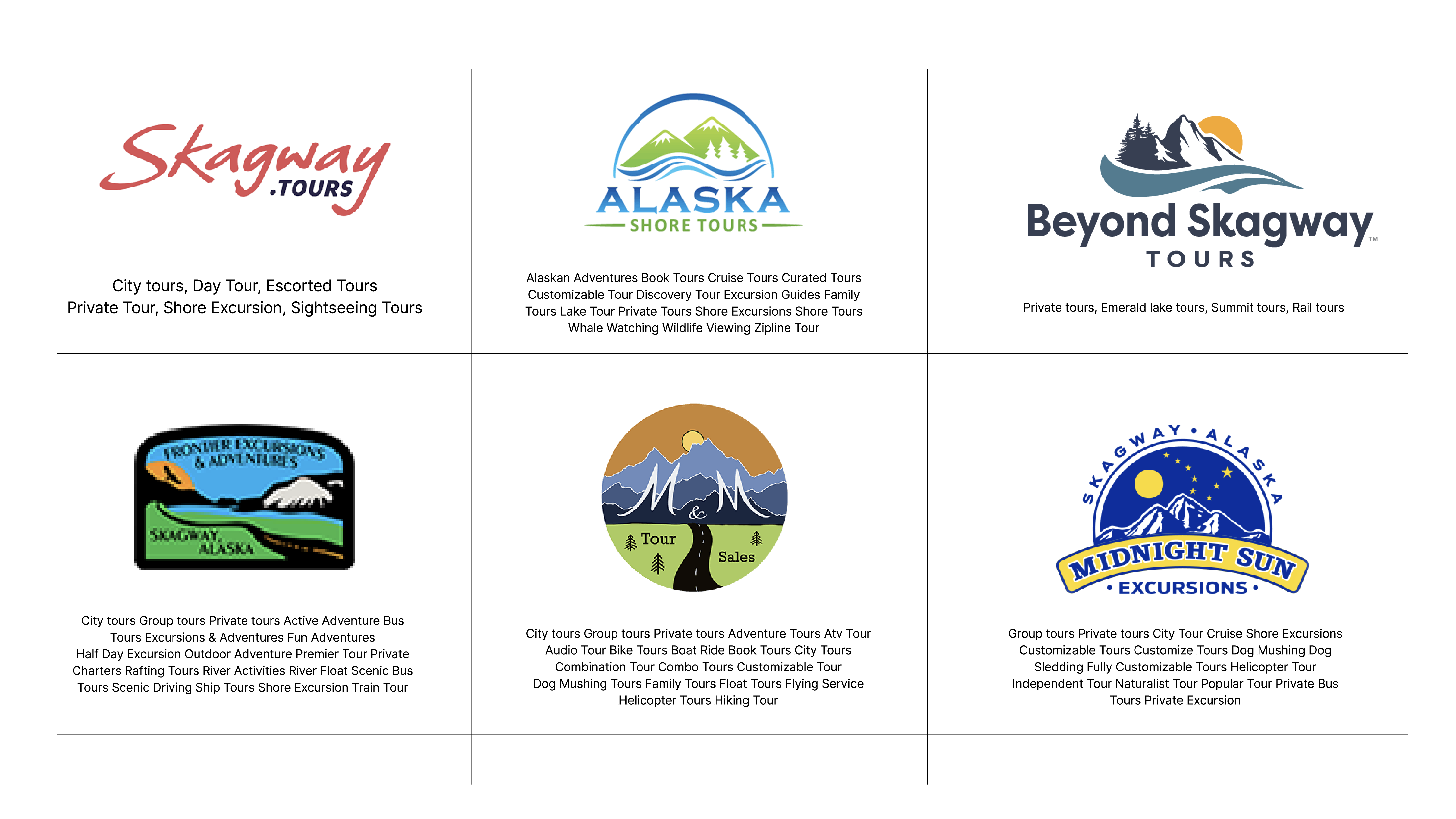 Competitor analysis grid showing Skagway tour operators