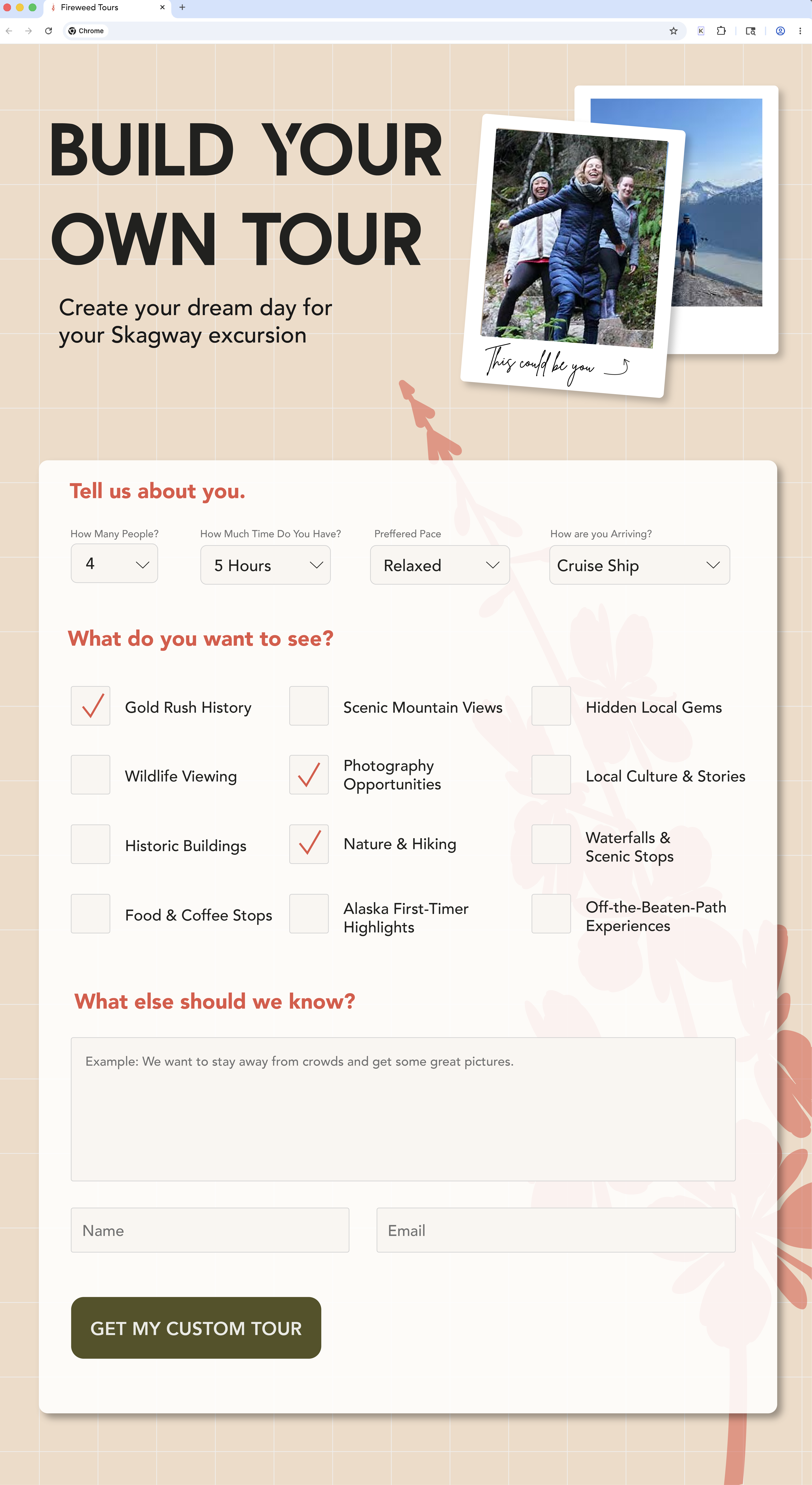 Build Your Own Tour web page mockup